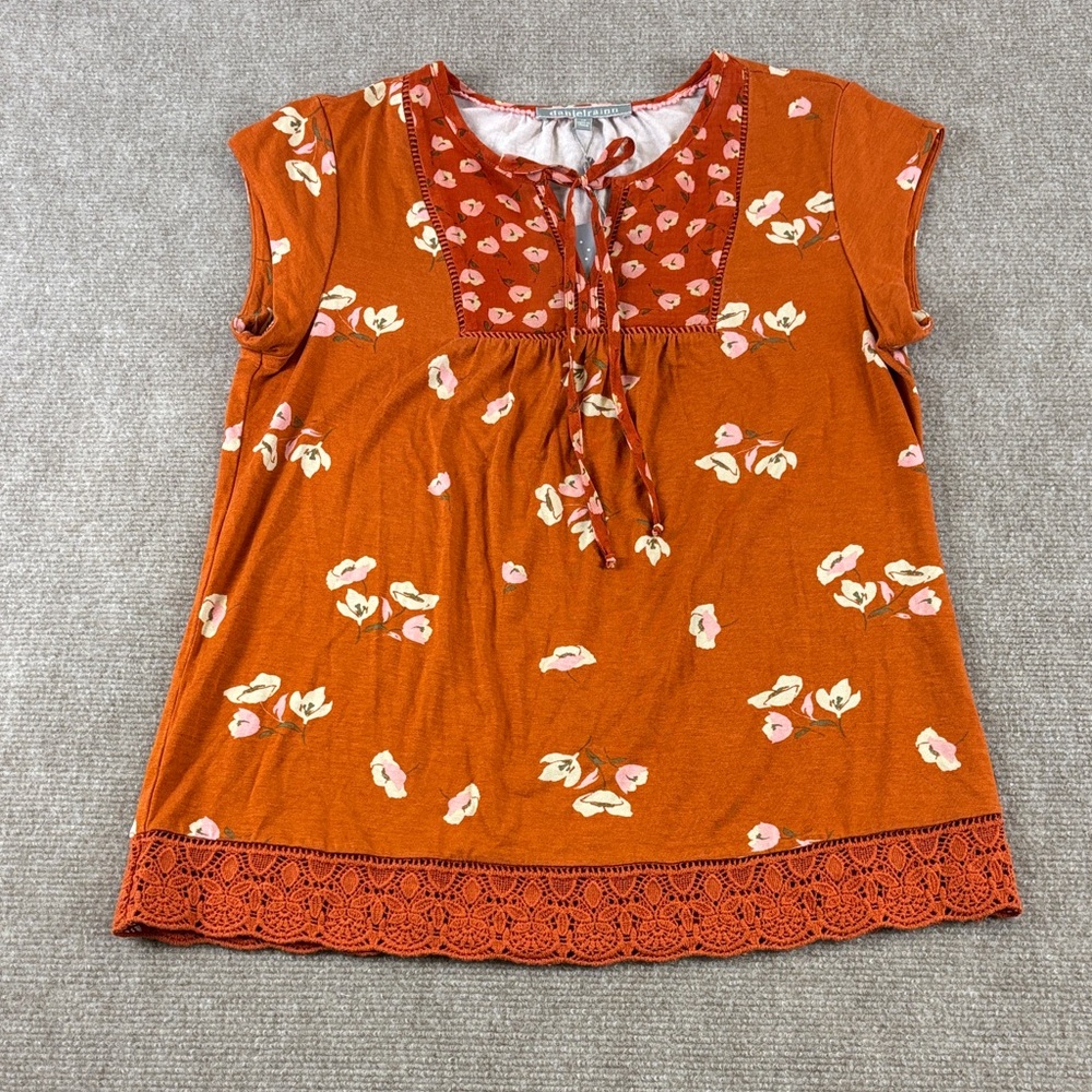 Daniel Rainn Women's Pullover‎ Cap Sleeve V-Neck Floral Rust Blouse Size XS NWT